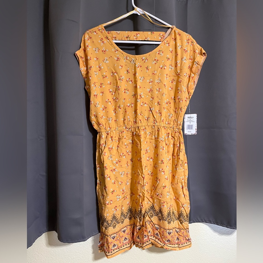 Medium yellow and pink floral print sun dress with pocket